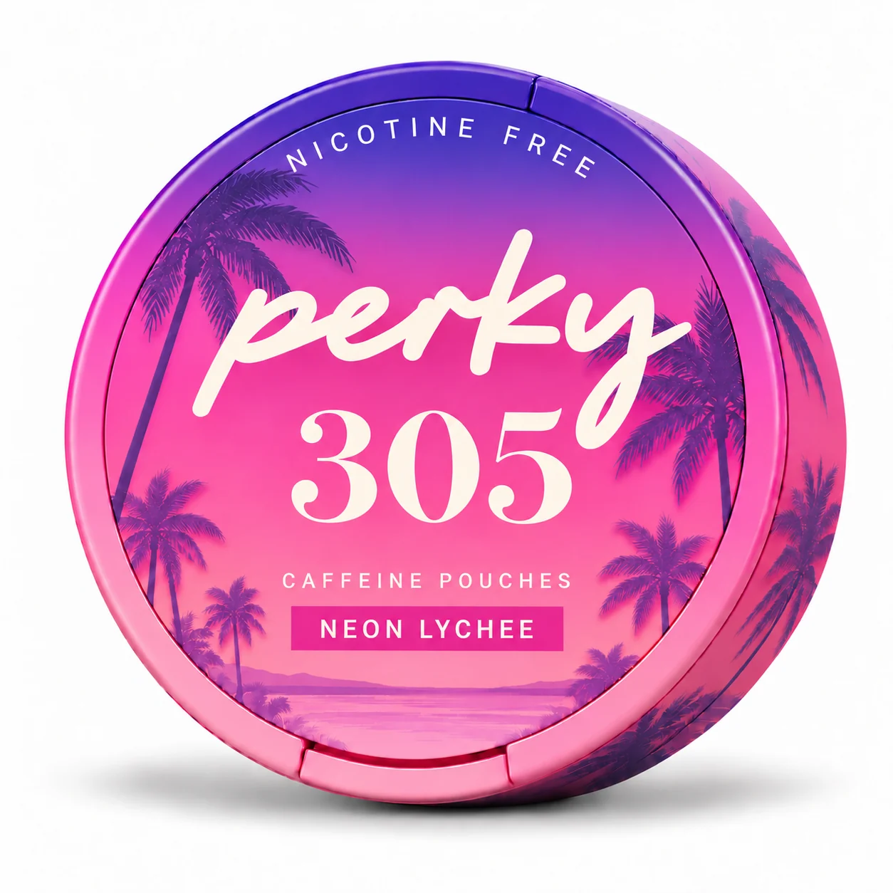 Perky Neon Lychee caffeine pouch can on white with a soft shadow