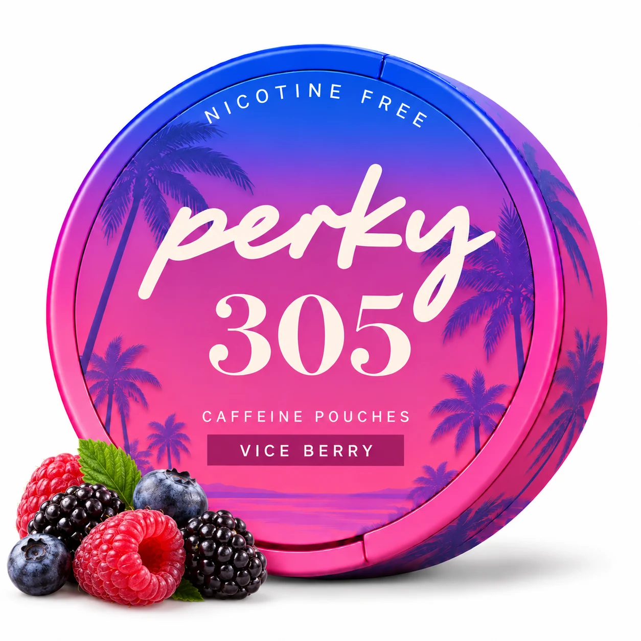 Perky Vice Berry caffeine pouch can with fruit